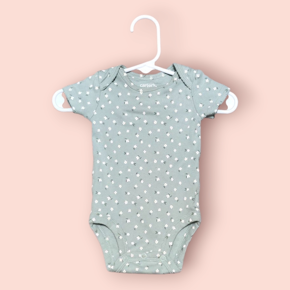 Carter's Green Baby Girl Onesie with White Flowers (0-3M)